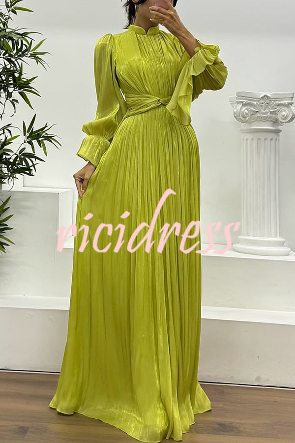 Ellah Shiny Fabric Chinese Stand Collar Twist Waist Balloon Sleeve Maxi Dress