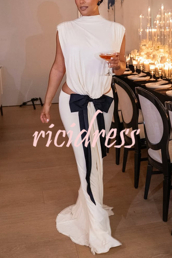 Sexy Open Back Bow Embellished Elegant Fishtail Maxi Dress