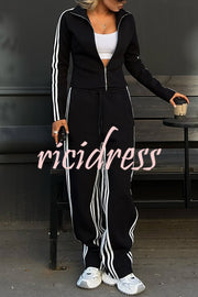 Fashionable Sports Style Striped Long-sleeved Jacket and Elastic Waist Casual Pants Set