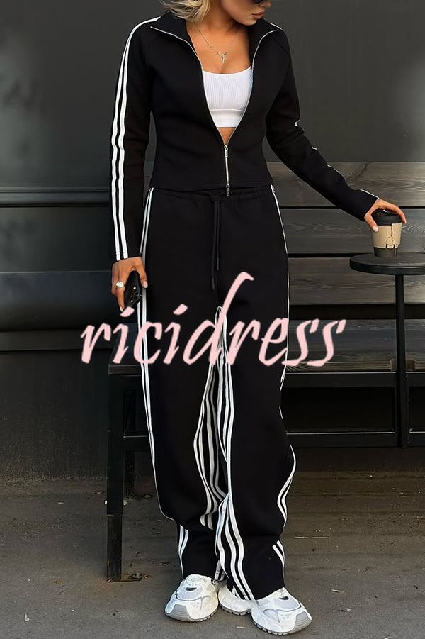 Fashionable Sports Style Striped Long-sleeved Jacket and Elastic Waist Casual Pants Set