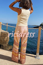 Tropical Shoreline Sequin Unique Print Back Elastic Waist Pants