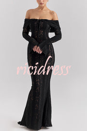 Outline The Curve Floral Lace Off Shoulder Bell Sleeve Stretch Maxi Dress