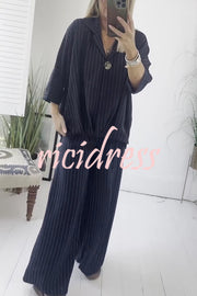 Fashion Striped Print Lapel Loose Top and Elastic Waist Casual Wide-leg Pants Set