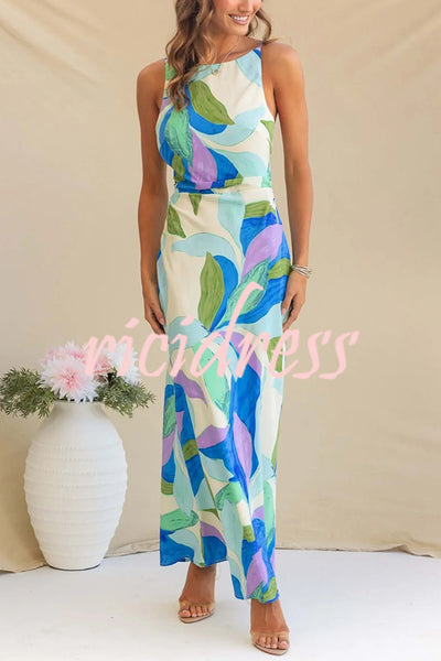 Botanical Print Sexy Sleeveless Open Back Maxi Dress