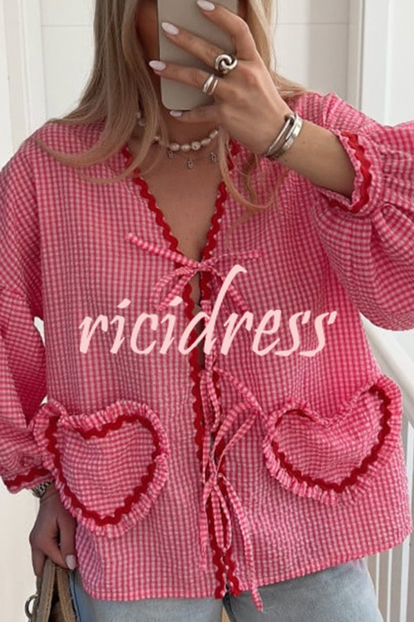 Lovely Plaid Heart Pattern Casual Lace-up Pocket Loose Shirt