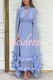 Fashionable V-neck Lace-up Ruffled Double-layer Hem Maxi Dress