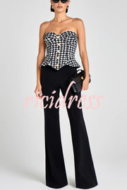 Maya Check Bouclé-tweed Fabric Sweetheart Neck Gold Button Strapless Tank