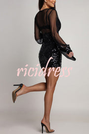 Whisper and Wine Sheer Tulle Sequin Patchwork V-neck Long Sleeve Mini Dress