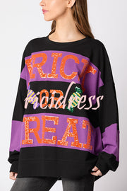 Halloween Letter Sequined Color Block Loose Casual Sweatshirt