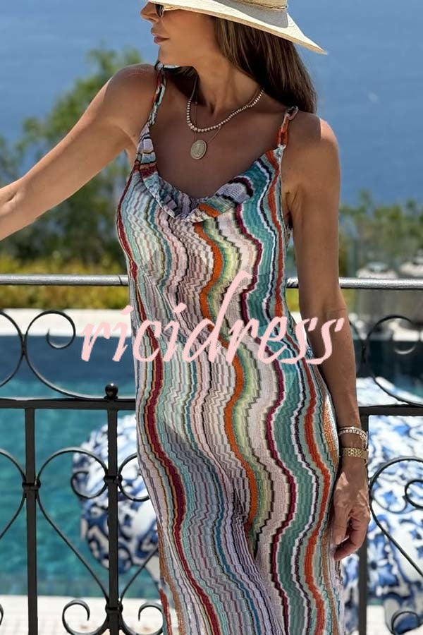 Clarissa Knit Colorful Wave Print Cowl Neck Open Back Slit Maxi Dress