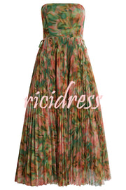 Romantic Factor Pleated Mesh Watercolor Print Bow Detail Strapless Maxi Dress