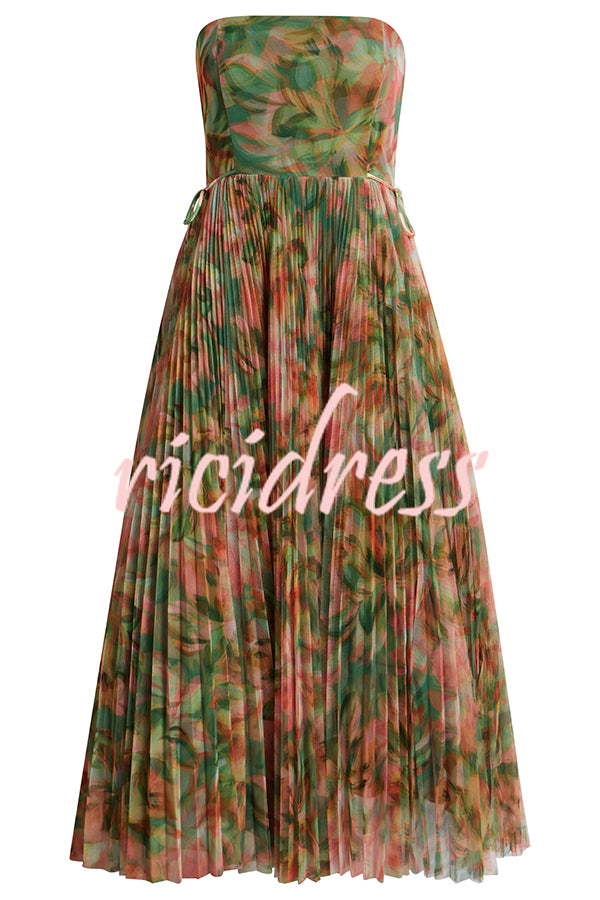 Romantic Factor Pleated Mesh Watercolor Print Bow Detail Strapless Maxi Dress