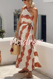 Enjoy A Sunny Linen Blend Shell Print One Shoulder Cutout Waist Tie-up Slit Maxi Dress