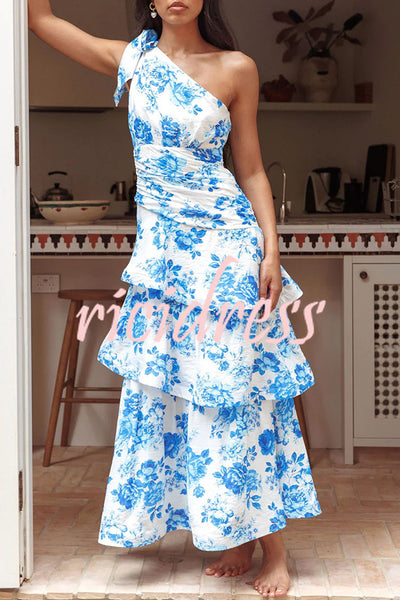 Kenny Floral Print Bow One Shoulder Ruched Tiered Ruffle Maxi Dress