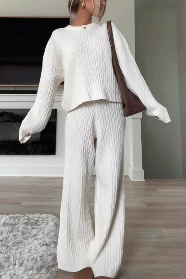 Autumn Travel Knit Cable Long Sleeve Sweater and Elastic High Waist Wide Leg Pants Set