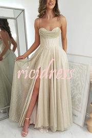 Cinderella Glitter Tulle Fabric Cowl Neck Back Lace-up Pocketed Slit Maxi Dress