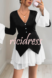 Fashionable Contrast Color Panel Long Sleeve Ruffled Mini Dress