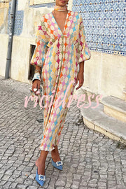 Gorgeous Sunshine Colorful Unique Print Kimono Puff Sleeve Midi Dress