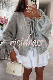 Solid Color Long-sleeved V-neck Lace-up Loose Knitted Sweater