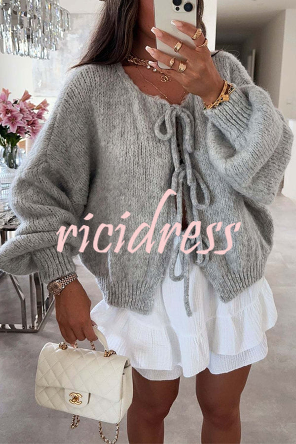 Solid Color Long-sleeved V-neck Lace-up Loose Knitted Sweater