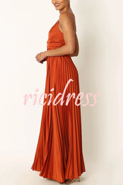 Catch The Light Satin Pleated V-neck Slip Maxi Dress