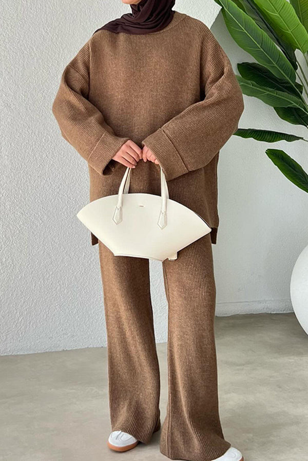 Solid Color Loose Long-sleeved Knit Top and Elastic Waist Casual Straight Leg Pants Set