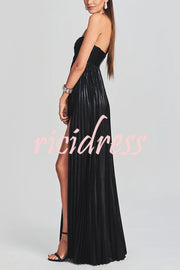 Metallic Sexy Tube Top Pleated High Slit Maxi Dress