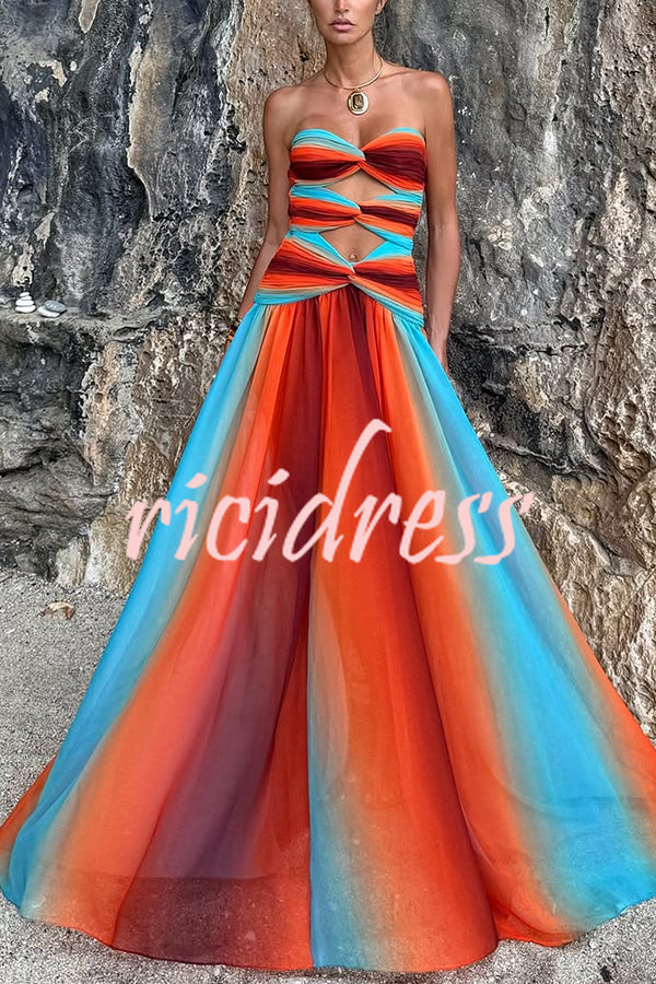 Neon Sunset Mesh Printed Twist Cutout Off Shoulder Vacation Maxi Dress