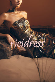 Clemence Plisse Metallic Fabric Reverse Halter Beck Strap Drape Slit Maxi Dress