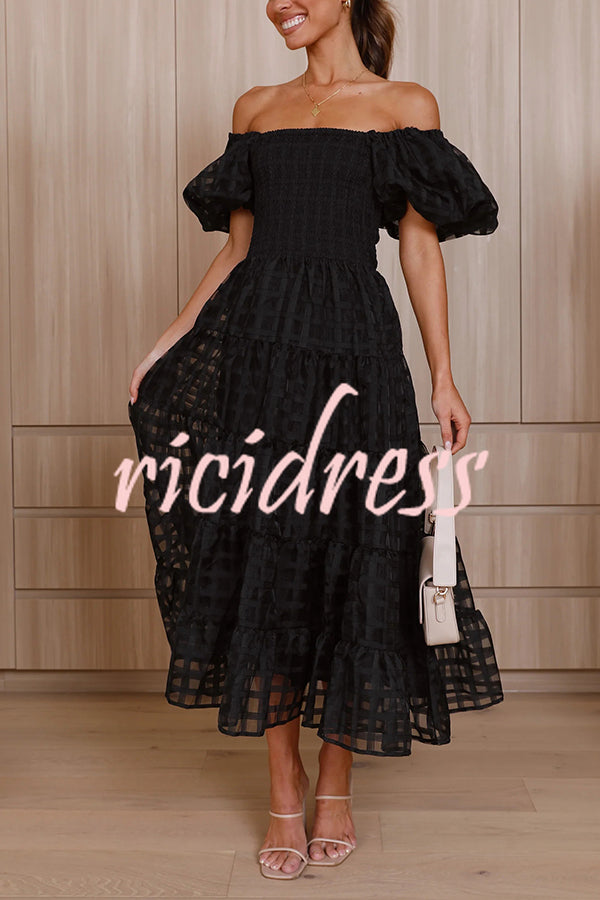 Solid Color Off-shoulder Lantern Sleeve Patchwork Midi Dress