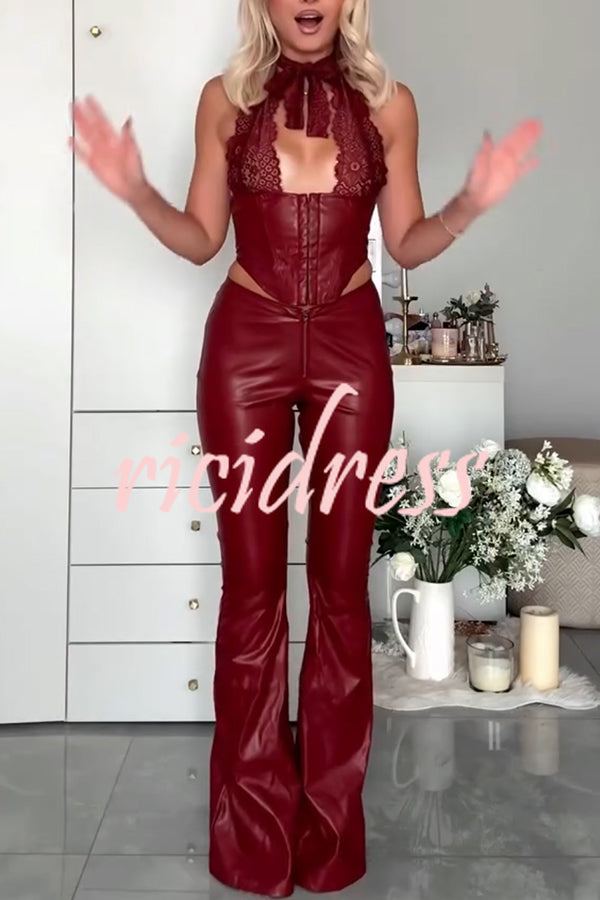 Style Challenge Stretch Faux Leather Lace Halter Tank and Zipper Waist Flare Pants Set