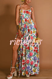 Garden Wedding Floral Print Back Tie-up Pocketed Slit Maxi Dress