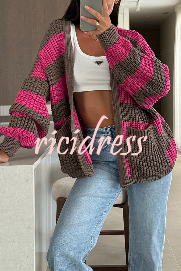 Fashionable Patchwork Striped Casual Pocket Knitted Sweater