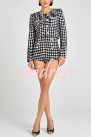 Remy Check Bouclé-tweed Fabric Pearl Trim Gold Button Long Sleeve Jacket