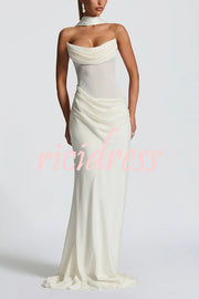Liora Ruched Cowl Neck Sheer Mesh Waist Off Shoulder Scarf Maxi Dress