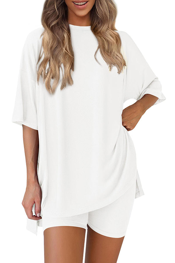 Solid Color Loose Short-sleeved Top and Stretch Casual Shorts Set