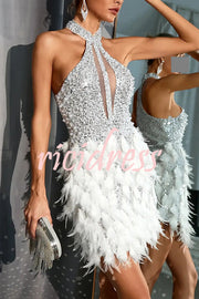 Stylish Sequined Sleeveless Feather-embellished Slim-fit Mini Dress
