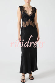 Wonderful Fusion Satin Lace Trim See-through Waist V-neck Drape Maxi Dress