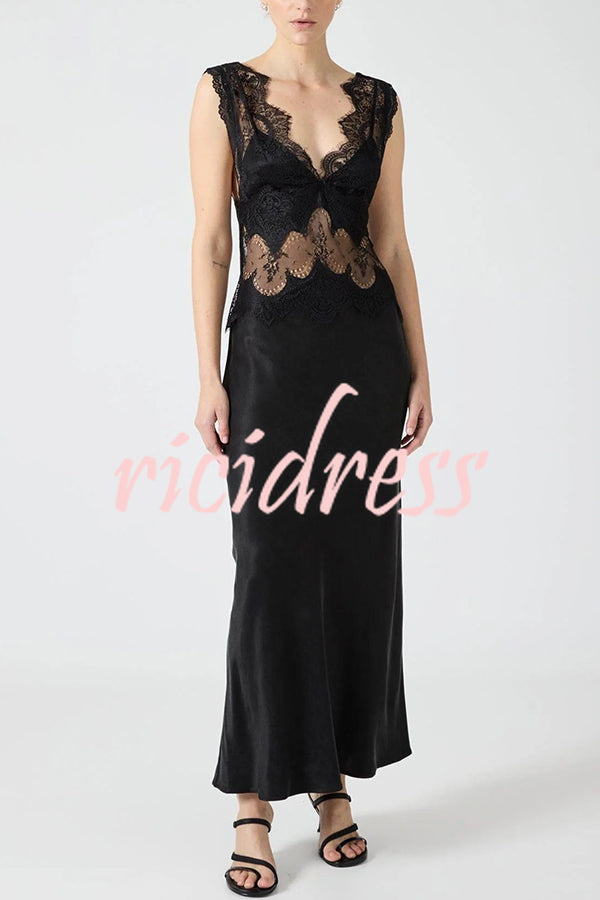 Wonderful Fusion Satin Lace Trim See-through Waist V-neck Drape Maxi Dress
