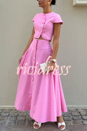 Solid Color Round Neck Button Crop Top and Elegant High Waist Slit Maxi Skirt Set
