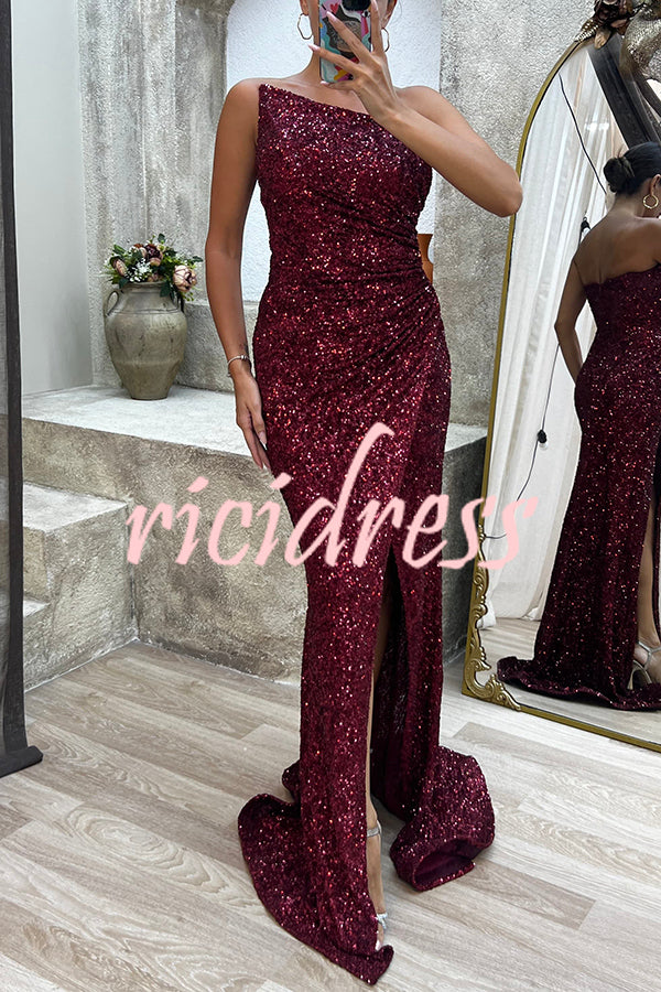 Let The Banquet Begin Sequin Off Shoulder Side Ruched Slit Maxi Dress