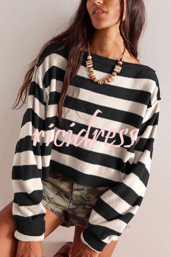 Striped Print Crew Neck Long Sleeve Loose Knitted Sweater