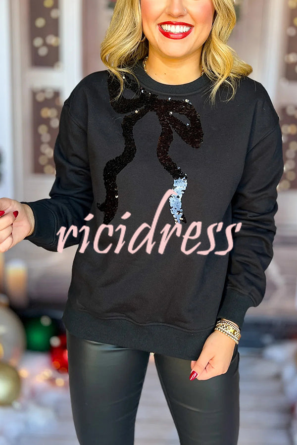 Christmas Bow Sequined Long Sleeve Casual Sweatshirt