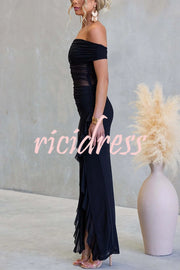 Sexy Mesh Off-shoulder Slim Fit Ruffled Slit Maxi Dress