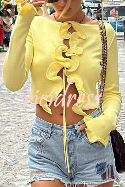 Fashion Ruffled Long-sleeved Tie-cropped Knitted Cardigan
