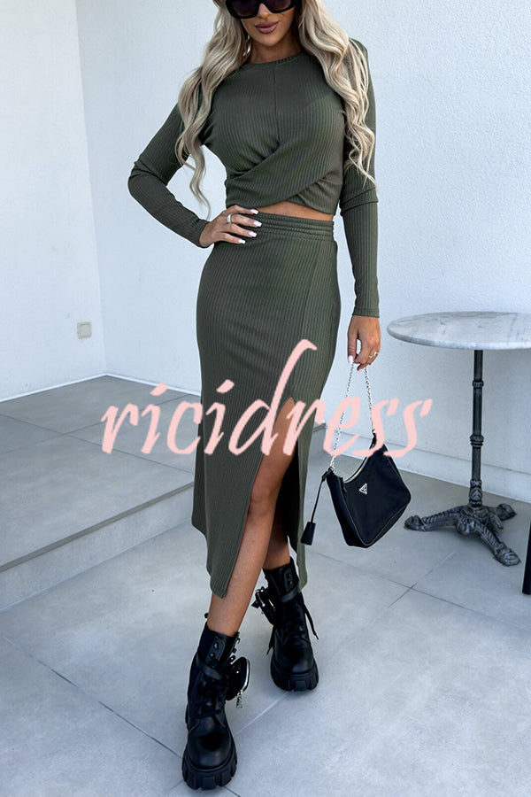 Full of Surprises Ribbed Stretch Crossover Crop Top and High Waist Skirt Set