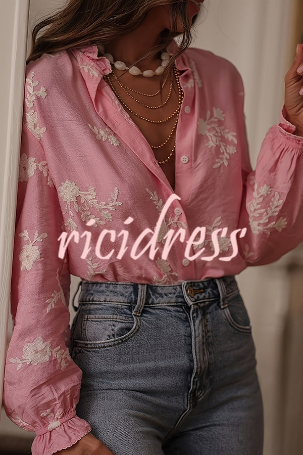 Floral Embroidery Long-Sleeved Button-Up Elegant Shirt