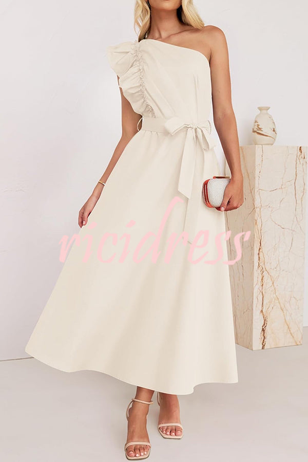 Solid One Shoulder Ruffled Sleeves Tie Waist Maxi Dress