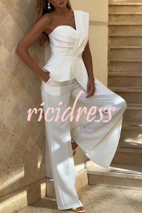 Amena One Shoulder Sweetheart Neck Ruffle Hem Top and Elastic Waist Pocket Wide Leg Pants Set
