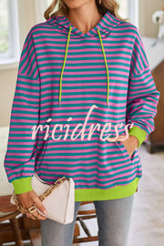 Striped Print Long Sleeve Pocket Loose Hoodie